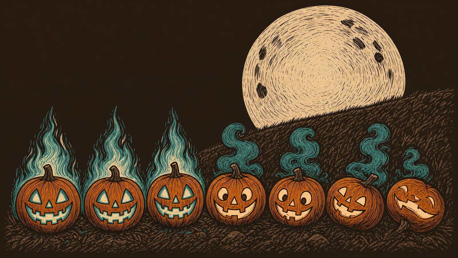 Seven jack-o'-lanterns in a row: three blazing, two smoking, two tipped over.