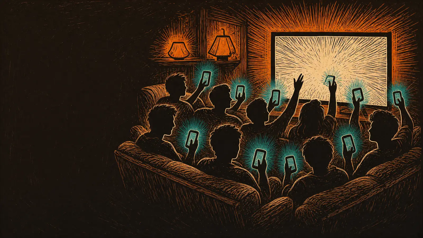 Friends on sofas as dark shapes, lit by a big screen and the glow of their phones.
