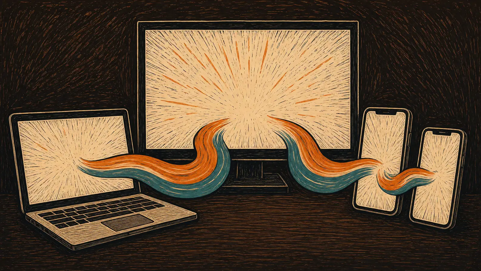 A laptop, a big screen and two phones, joined by one ribbon of light.