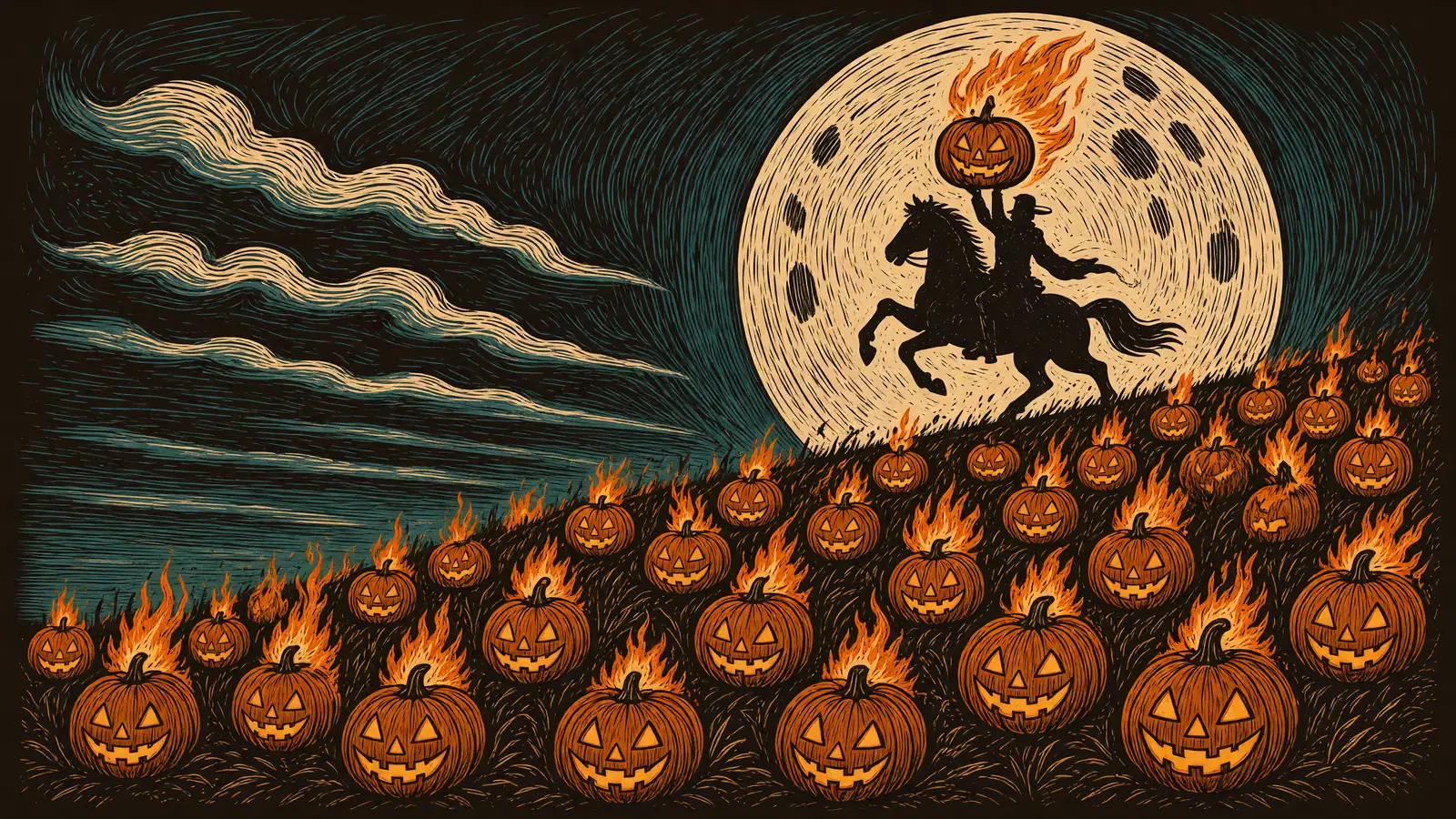 A rider on a rearing horse holds up a flaming pumpkin head against the moon over a blazing field of pumpkins.