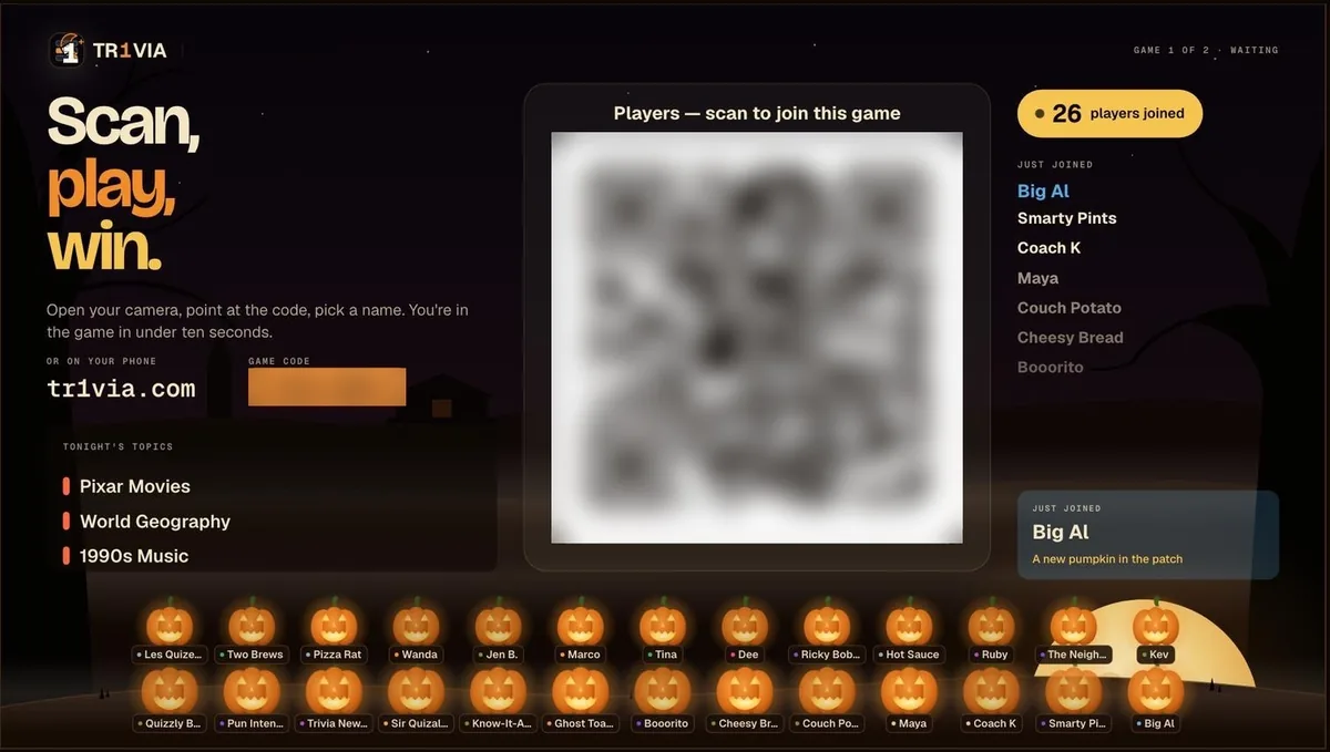 The lobby screen reading Scan, play, win, with a large QR code, the room code and a pumpkin patch filling with names.