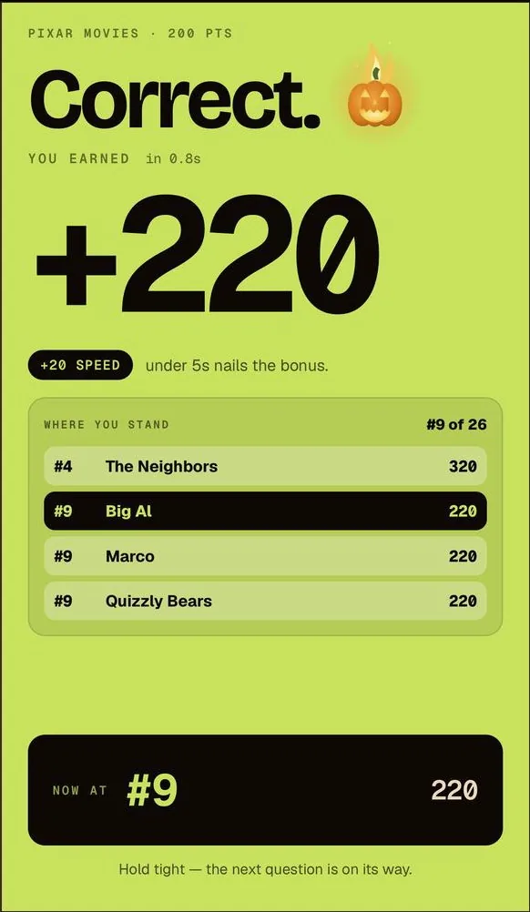 A phone showing a full-screen green Correct result, the points earned and the player's place in the standings.
