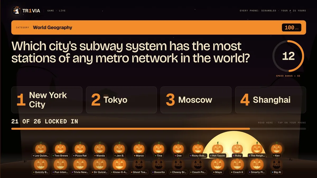 The question screen with a round clock, four answer tiles, a locked-in counter and pumpkins lighting along the bottom.