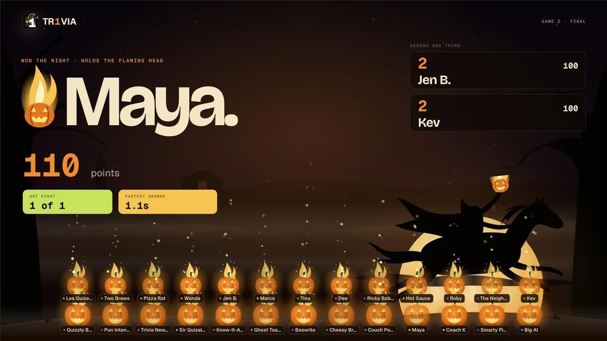 The winner screen with the winner's name in huge type, a flaming head, a horseman rearing on the ridge and the pumpkin patch ablaze.
