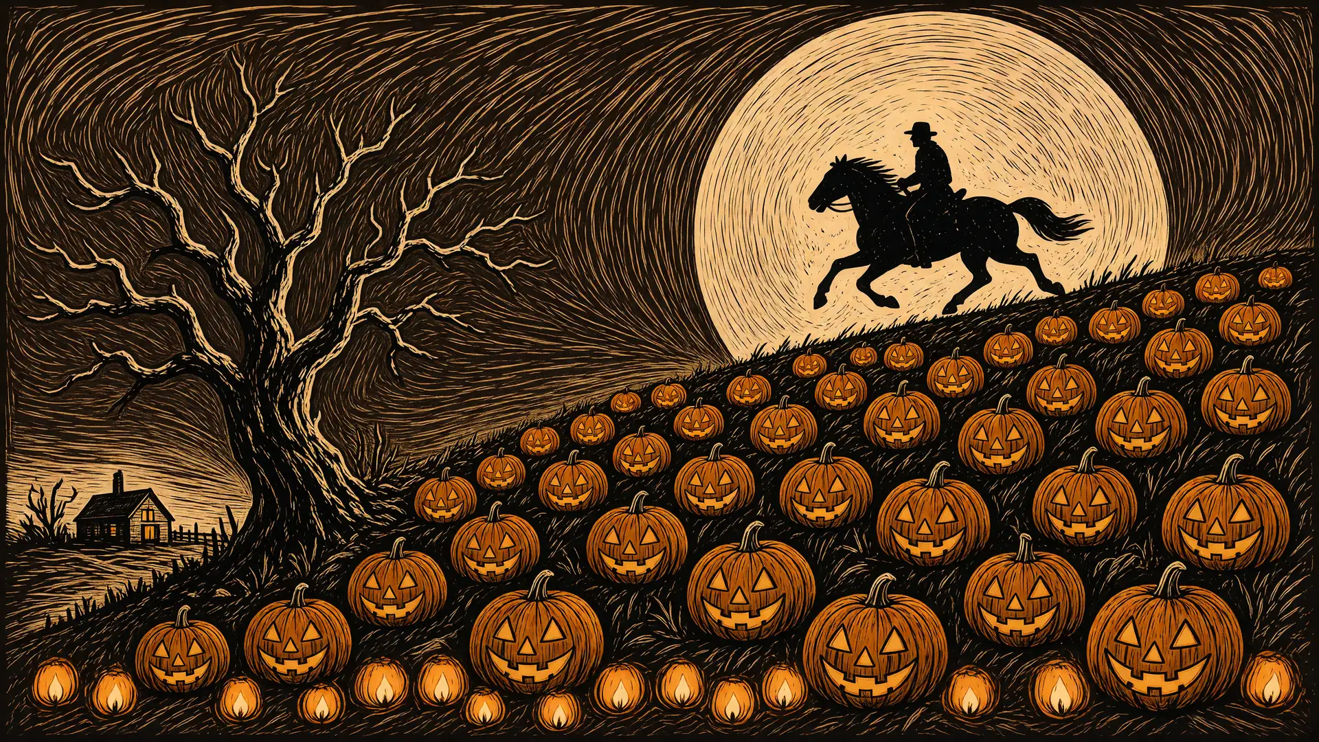 Rows of glowing jack-o'-lanterns on a dark hill.